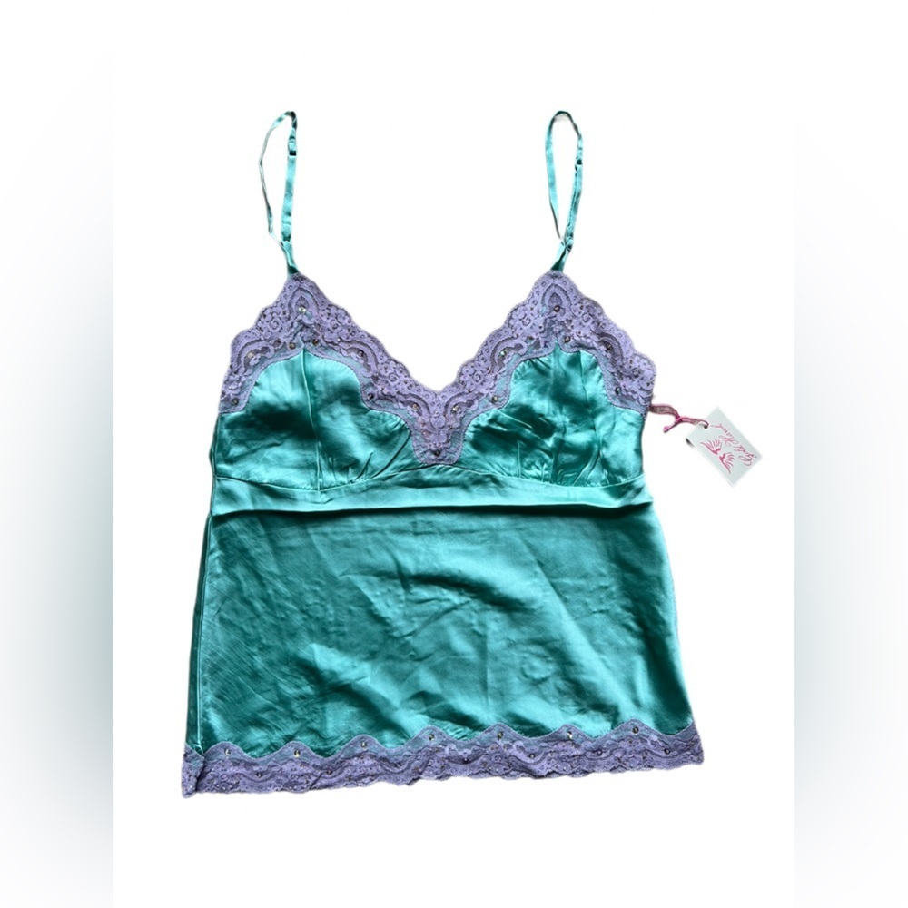 Gold Hawk Aqua Lilac Beaded Lace Silk Camisole Medium NWT